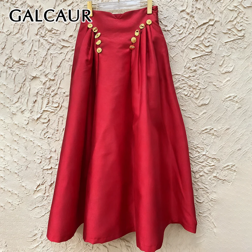 

GALCAUR Solid Spliced Buttons Elegant Skirt Female High Waist Loose Casual Basics Women's Long Skirts Autumn Fashion Style New