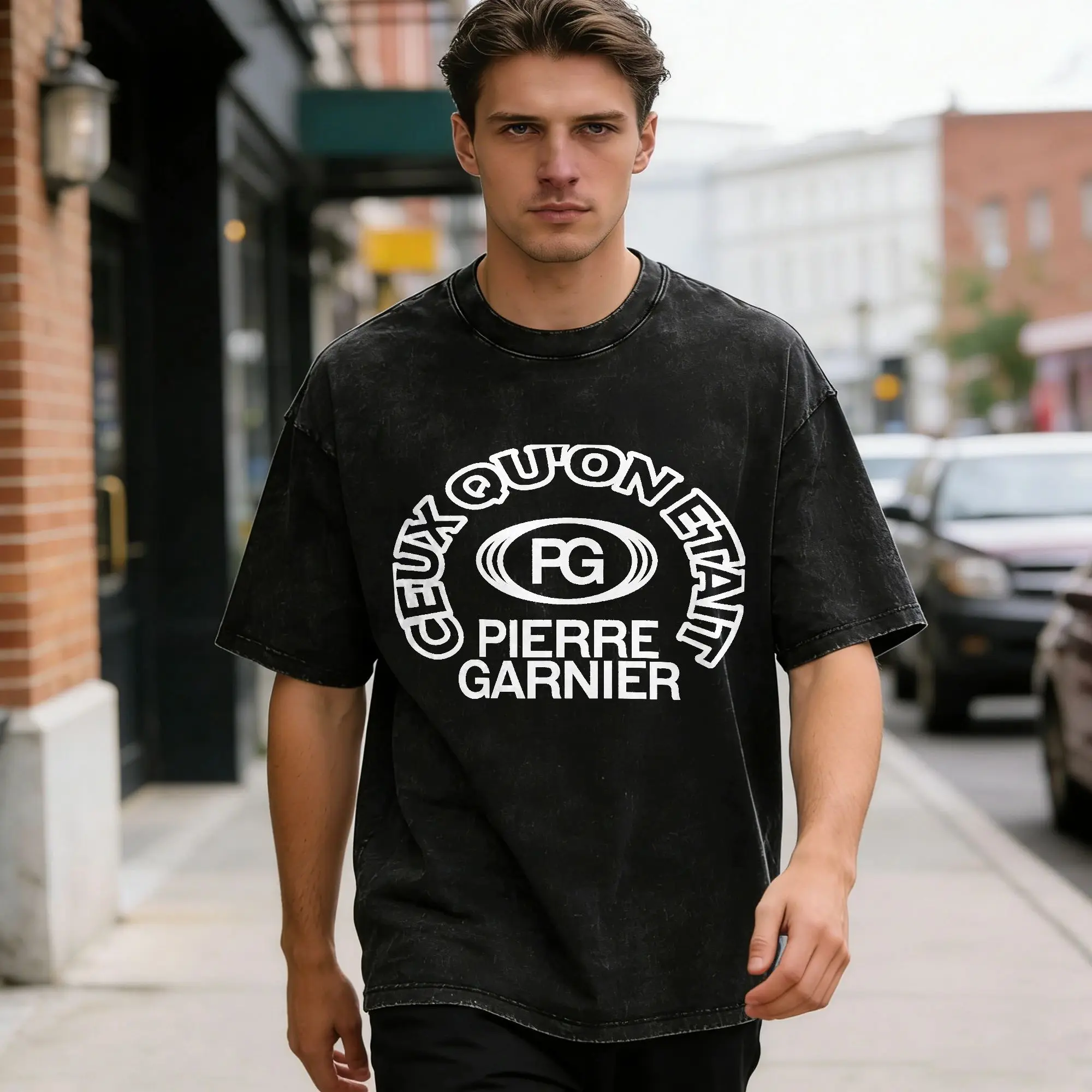 Camisetas Pierre Garnier Chaque Seconde Tour para Hombre, Camiseta Vintage Lavada, Camiseta de Manga Corta con Cuello Redondo, 100% Algodón, Tallas Grandes