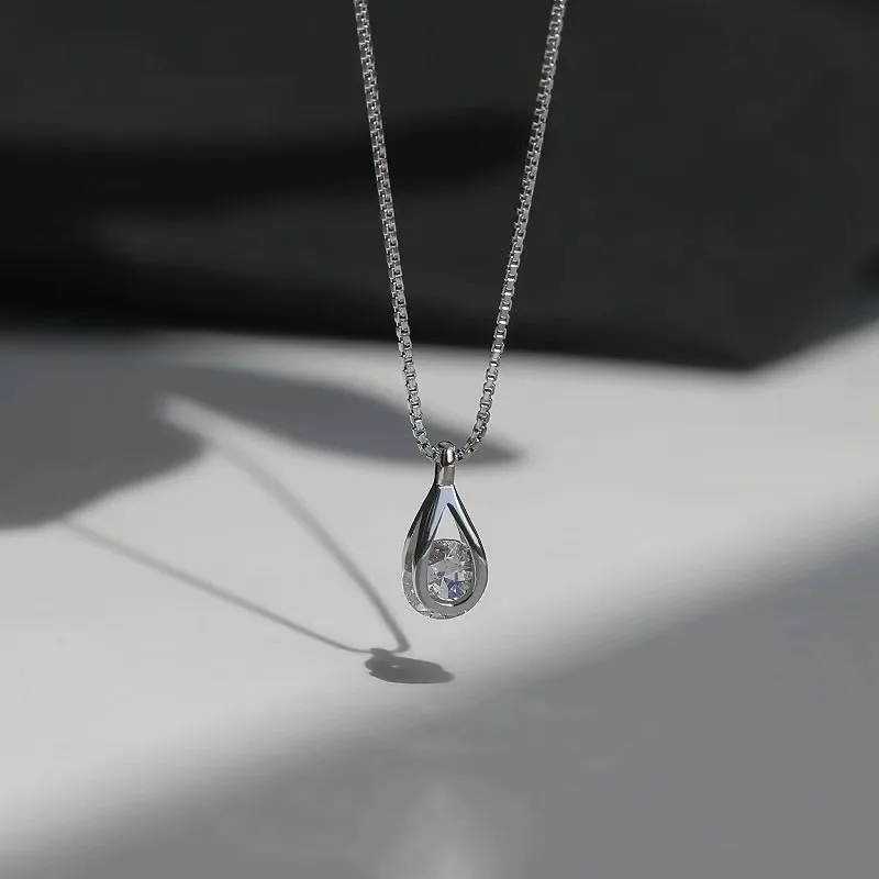 Fashion 925 Sterling Silver Teardrop Shape Zirconia Necklace Geometric Shape Pendant Choker Party Gift for Women Fine Jewelry