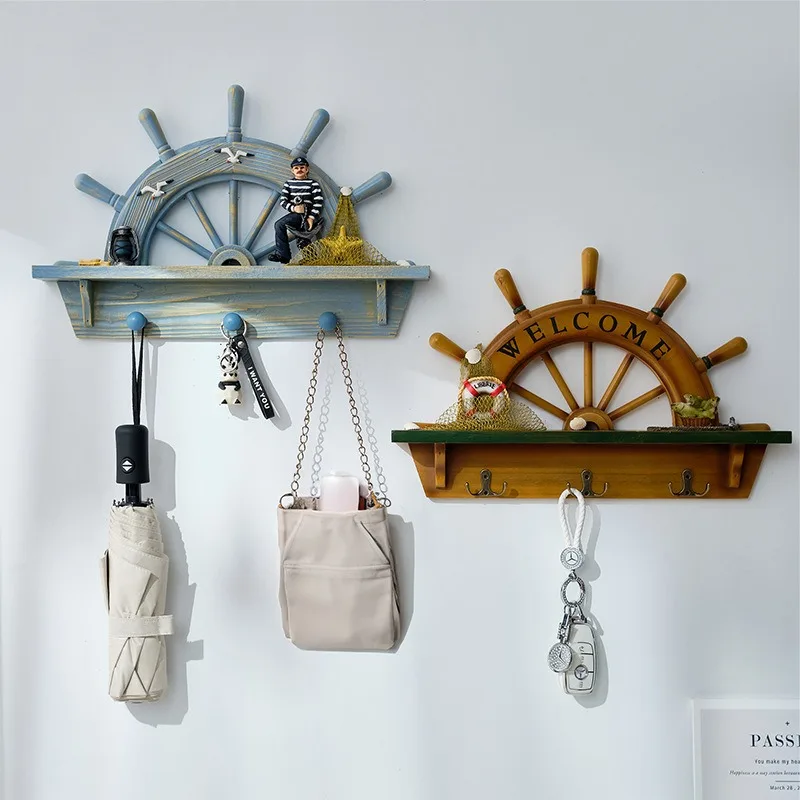 Mediterranean Wooden Half Ship Wheel Wall Hook Nautical Coat Hat Rack Coastal Home Decor