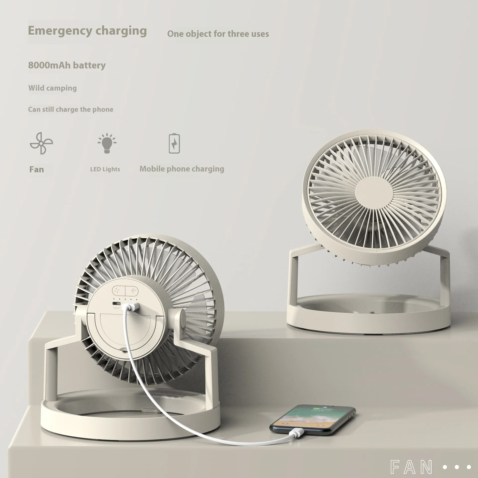 8000mAh Camping Fan Home Ventilador Rechargeable Portable Desktop Circulator Wireless Electric Fan with Power Bank LED Lighting