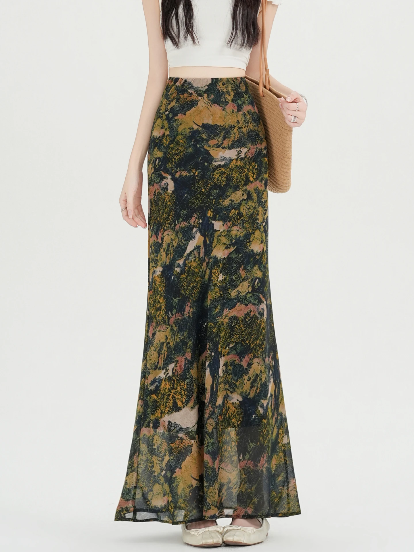 

New Chinese Style Dyed Print Chiffon Halter Skirt Women Summer Elastic Waist Draped A-Line Floral Wrap Hip Fish Tail Long Skirt