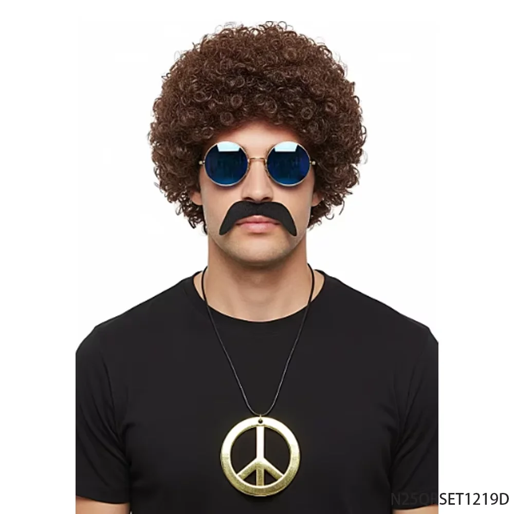 ชุดคอสตูมเรโทรฮิปปี้ยุค 90 พร้อมวิกผมหยิก สร้อยคอสัญลักษณ์สันติภาพ แว่นกันแดด อุปกรณ์เสริมสำหรับงานปาร์ตี้