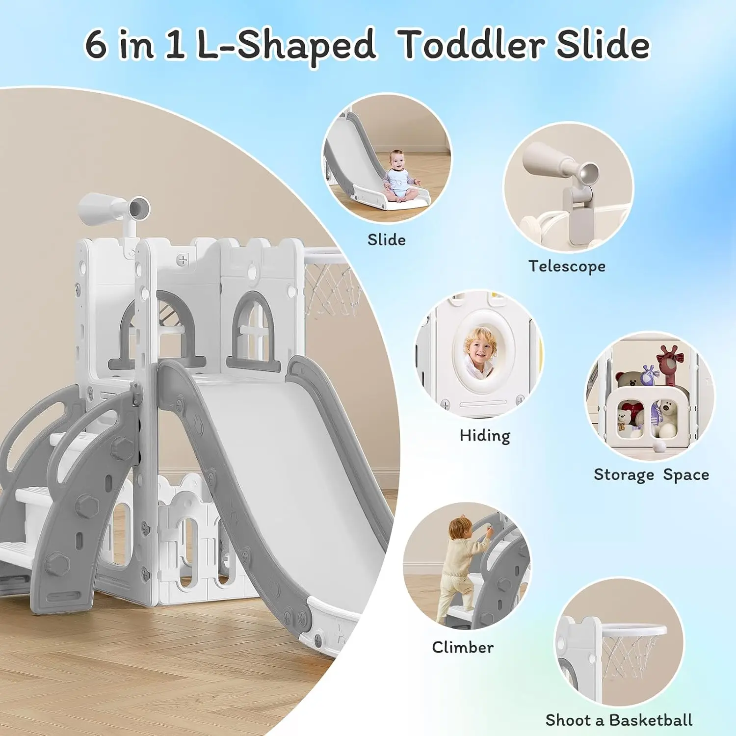 6 in 1 Toddler Slide,Baby Playset for Indoor Outdoor Playground with Basketball Hoop,Storage and Telescope,Climbing Toys for Tod