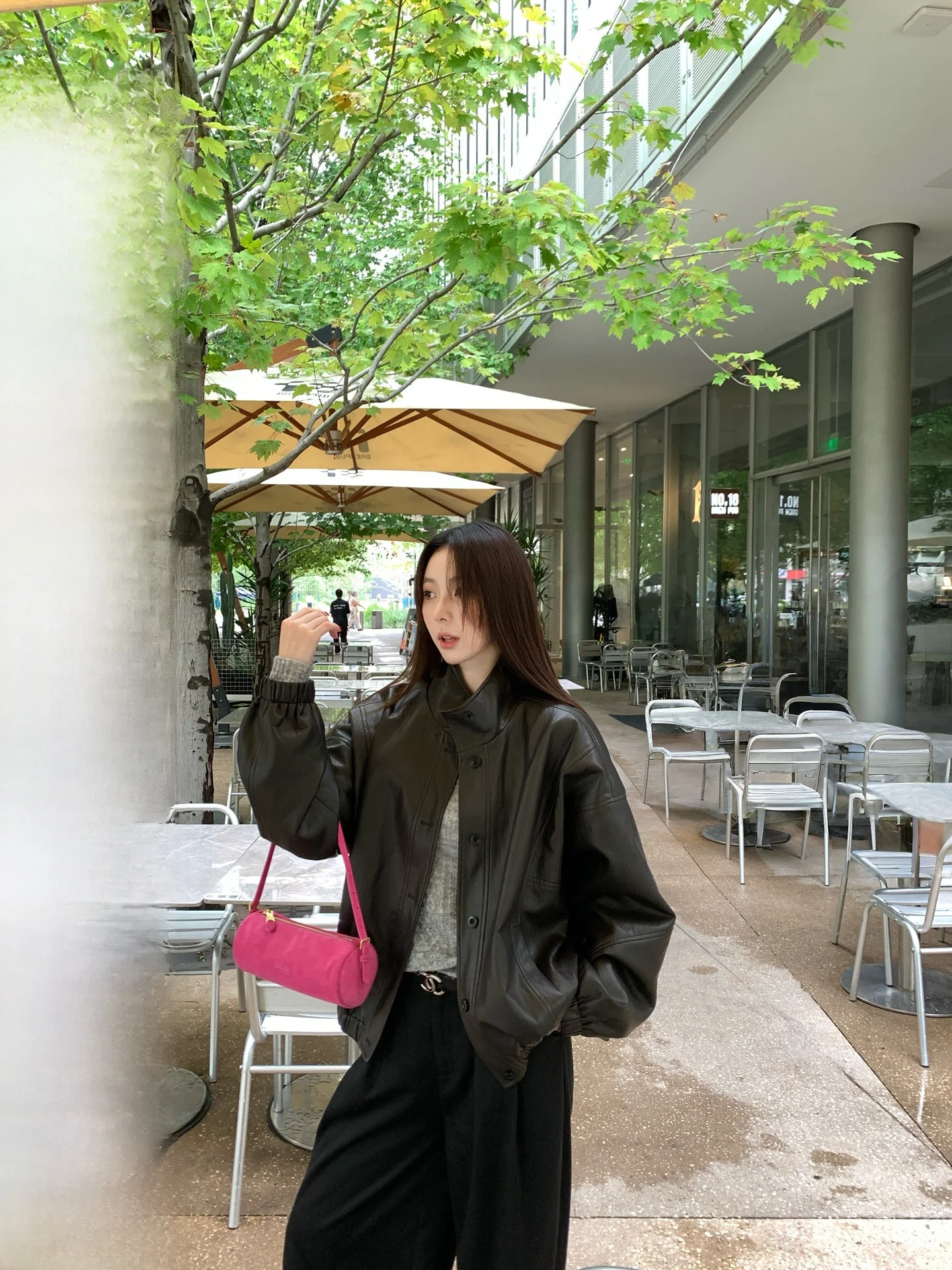 

TeeH Belize College Stand Collar PU Protein Leather Jaet Women's Autumn Winter Two Colors Loose Fit Sle Commute Wind