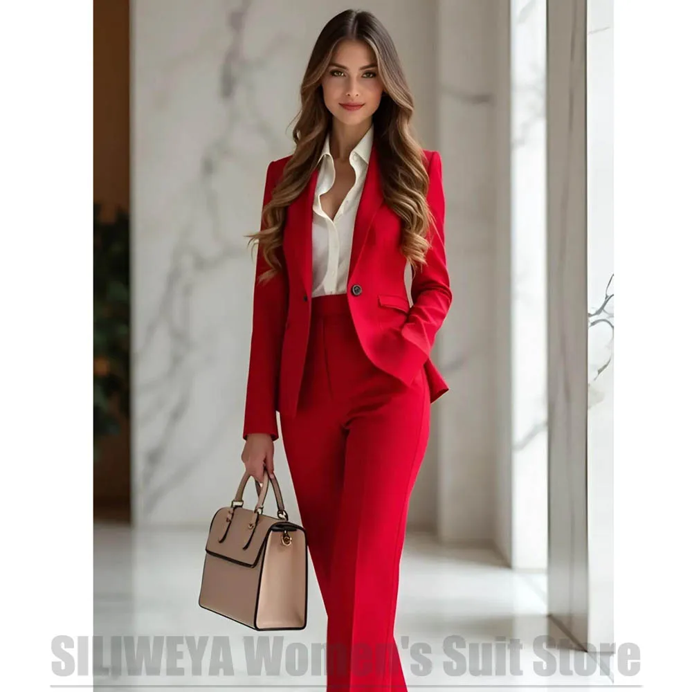 Women Red Two Piece Blazer Suit Set Single Button Long Sleeve Office Business Formal Work Wear Slim Fit Trouser Pants Suit