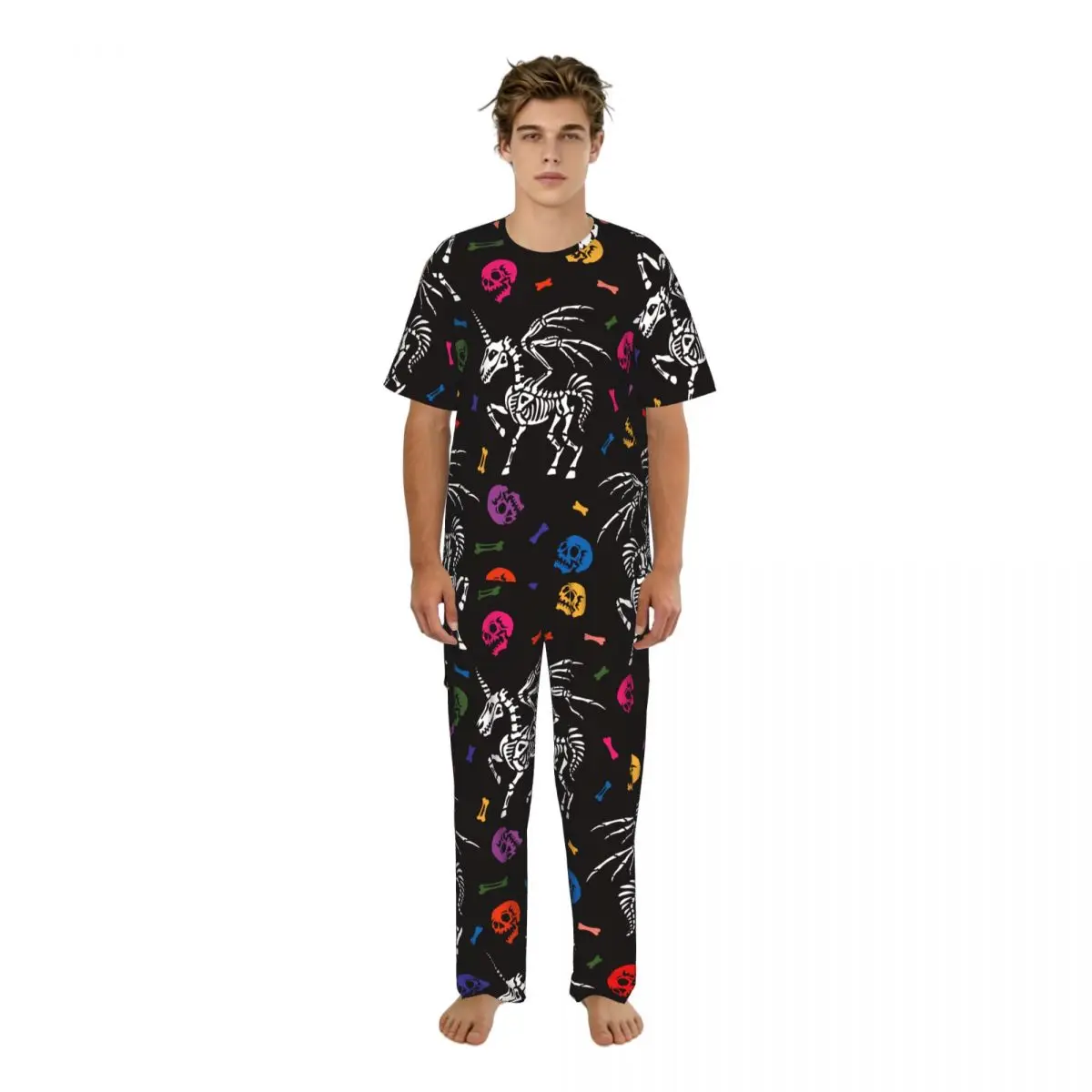 Men's short-sleeved pajamas two-piece trousers Skeleton Of Pegasus Unicorn With Horn And Wings home wear suit sleepwear