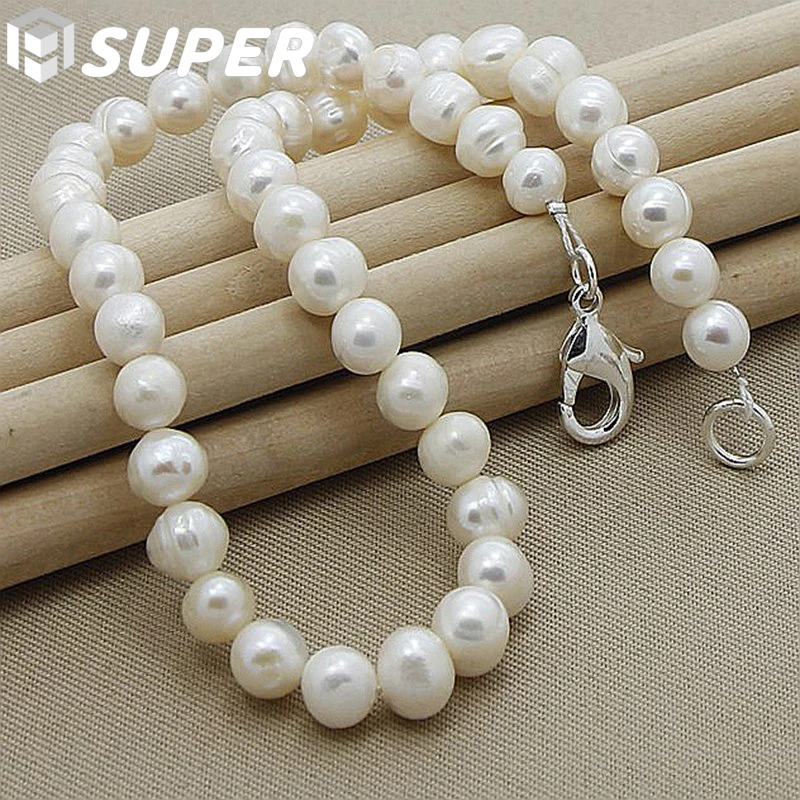 8mm Natural Pearl White/Pink/Purple 925 Sterling Silver 16/18/20 Inch Chain Necklace Woman Engagement Wedding Jewelry