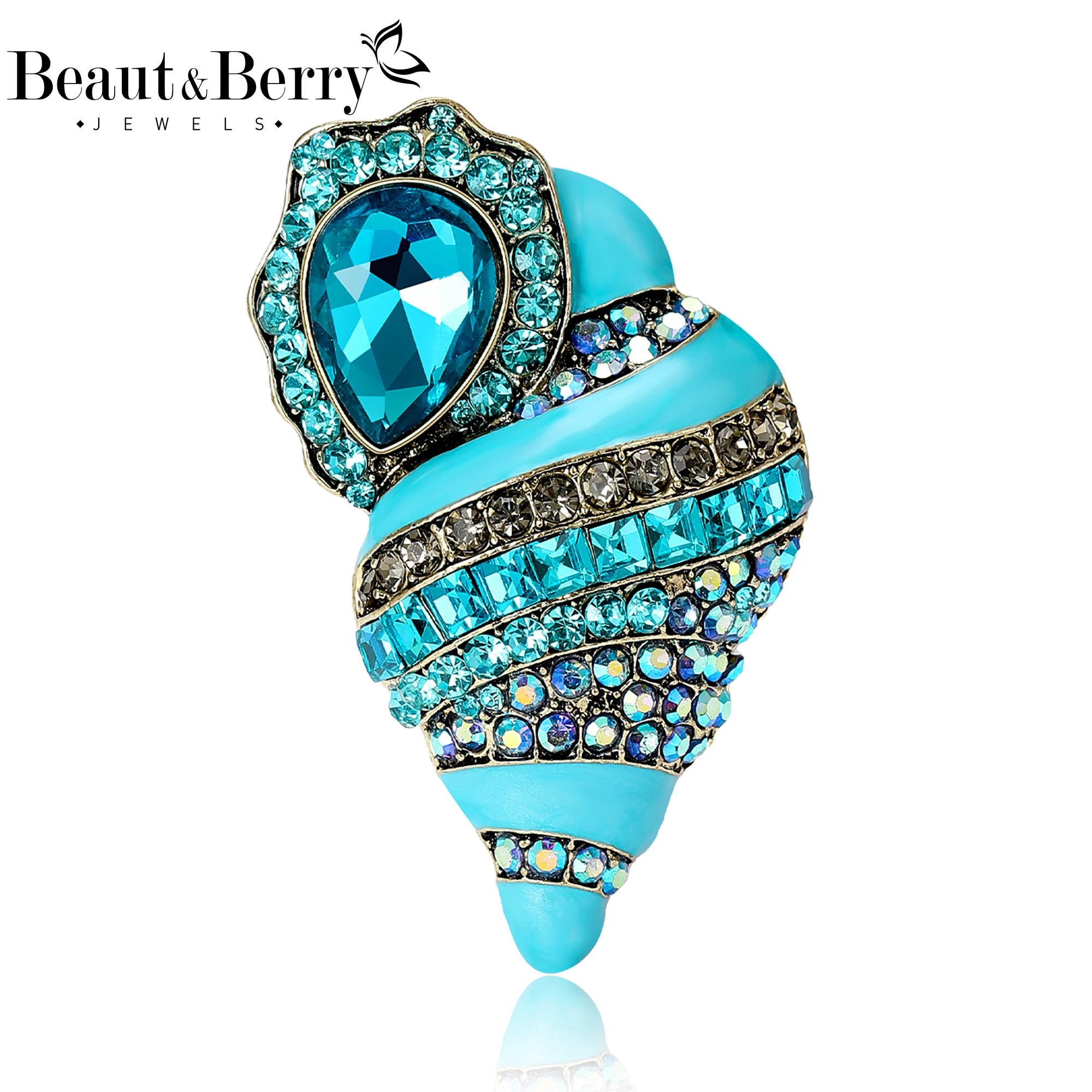 Beaut&Berry Fashion Enamel Conch Brooches for Women Unisex Rhinestone Marine Life Pins Casual Party Accessories New Gifts Friend