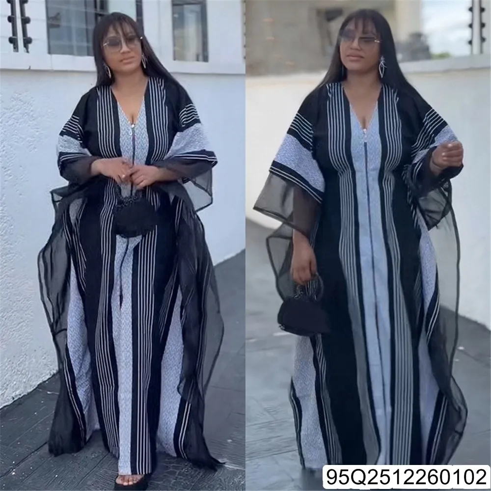 2026 European and American Casual Women's Wear, Middle Eastern Robe, African Plus-size New Striped Printed Dress 95Q25122601