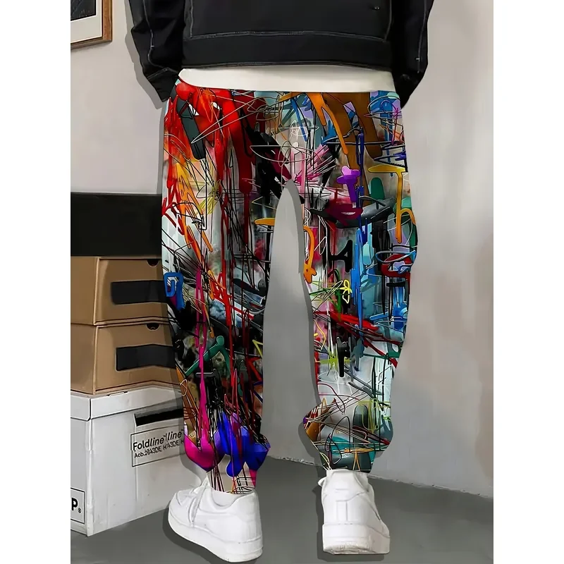 2026 Men 3D Abstract Graffiti Print Sweatpants Drawstring Pocket Casual Sports Trousers Comfortable Home Pajama Pants Fashion