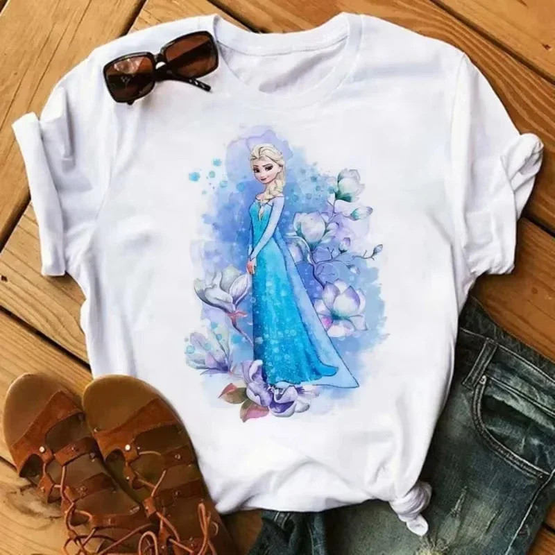 

Miniso Fashion Frozen Elsa Princess Funny Cartoon Anna Princess Pattern T-shirts Harajuku Summer Streetwear Casual Short Sleeve