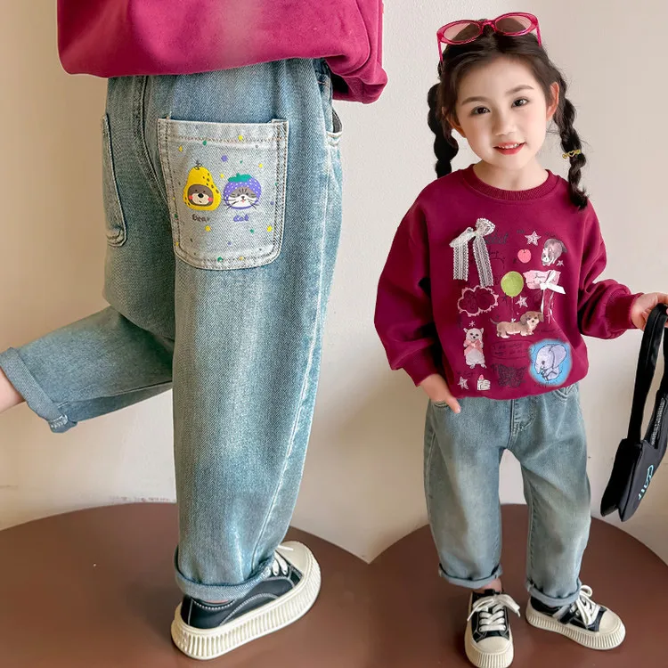 

Spring Autumn Toddler Girls Denim Pants Cotton Fruit pocket Babys Kids Jeans Casual Loose Elastic Waist Trousers For Children
