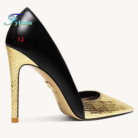 2025 Black Golden High Heels 12cm 10cm 8cm Women's Shoes Thin Heels Pointed Head Ladies Pumps Shallow Mouth Stiletto Party Shoes