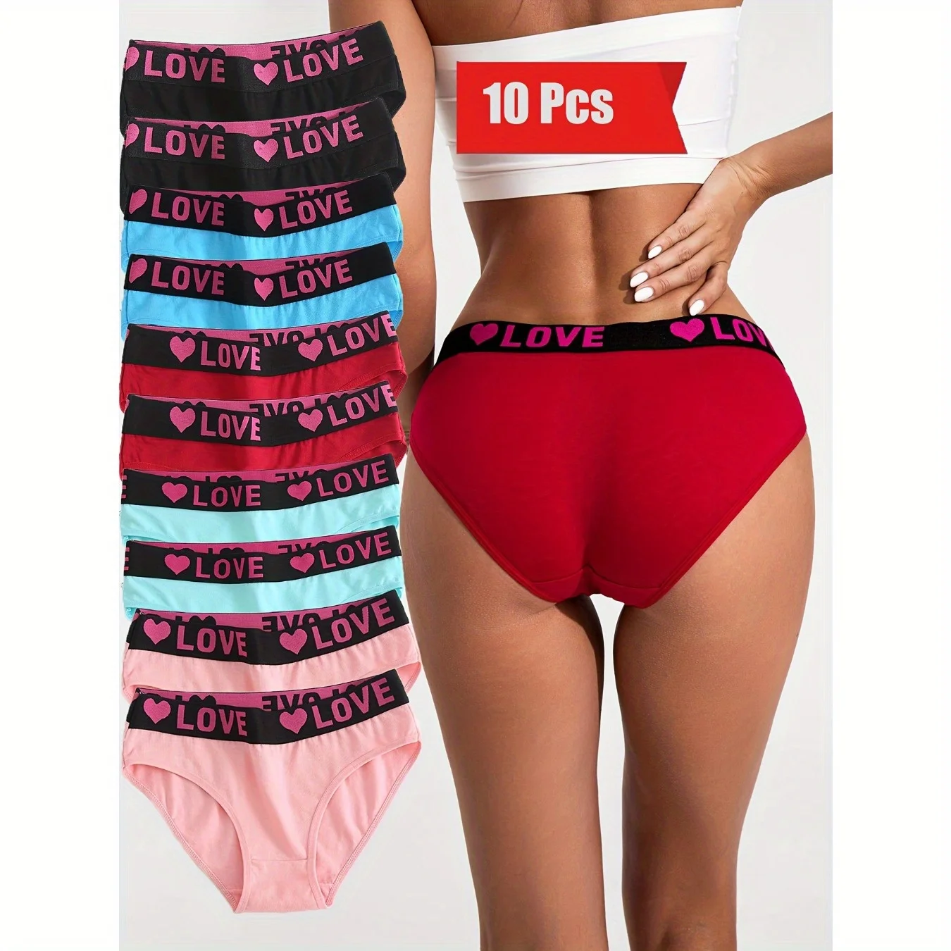 

10-Pack Women's Mid-Rise Seamless Breathable Loose-Fit Elastic Waistband Briefs with Letter and Heart Patterns in Mixed Colors