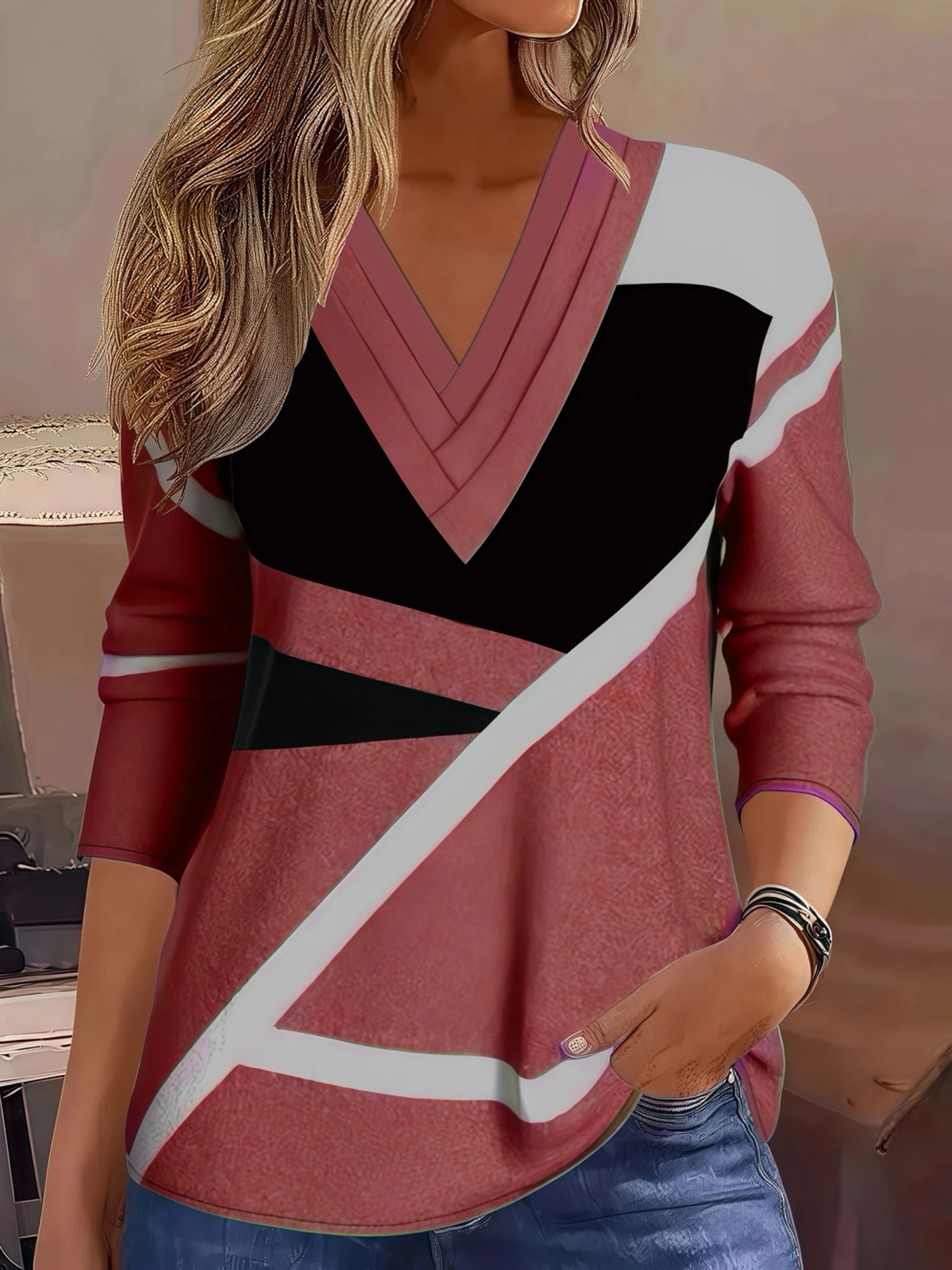 Camiseta elegante de manga comprida com decote em V para mulheres, blusa plus size com estampa geométrica, moda outono