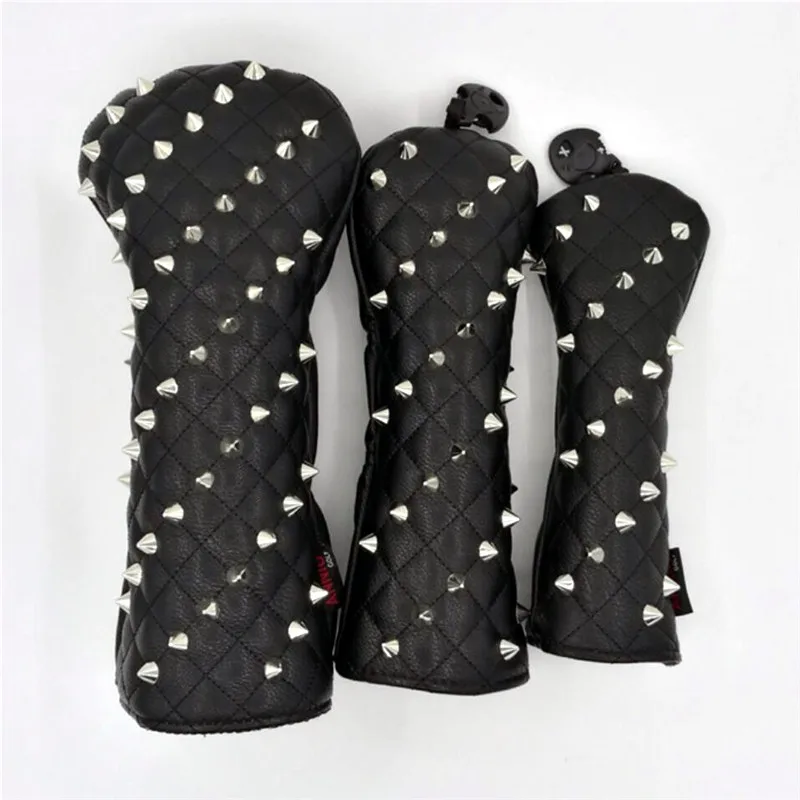 Silver Rivets Golf Club Head Covers PU Leather Golf Driver Fairway Wood Hybrid Headcovers For Man Women