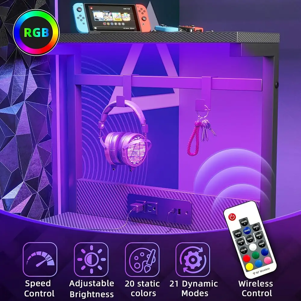 Gaming Desk 47 H With Power Outlet And Led Light, Computer Desk With Reversible Shelves And Storage Drawer, Small Pc Desk For