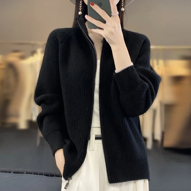 Women\'s 100% Merino Wool Knitting Sweater Turtleneck Zipper Cardigan Autumn/Winter Casual Loose Top Thickening Cashmere Jacket