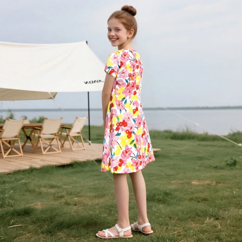 2025 Girls' Vitality Floral Print Short Sleeve Medium and Long Dress - Kids Bohemian Summer Casual Dress (Beach & Camping Wear)