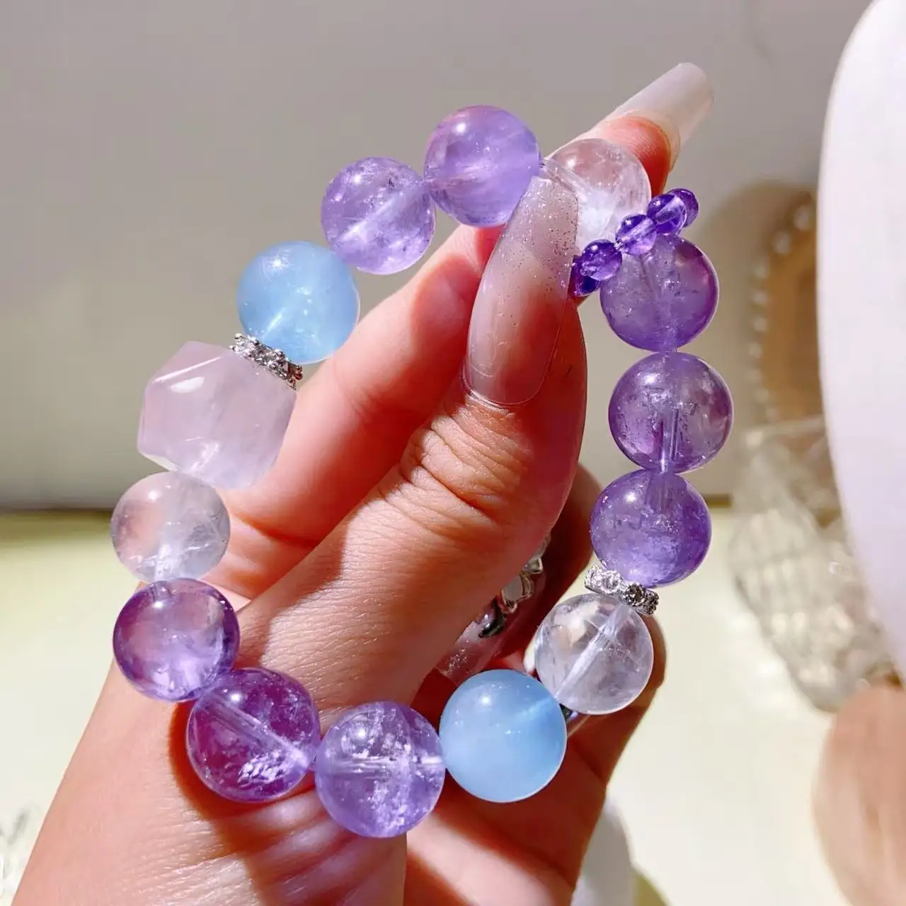 

Natural Duobao Amethyst Powder Crystal Aquamarine Crystal Bracelet Large Particle Crystal Lucky Bracelet