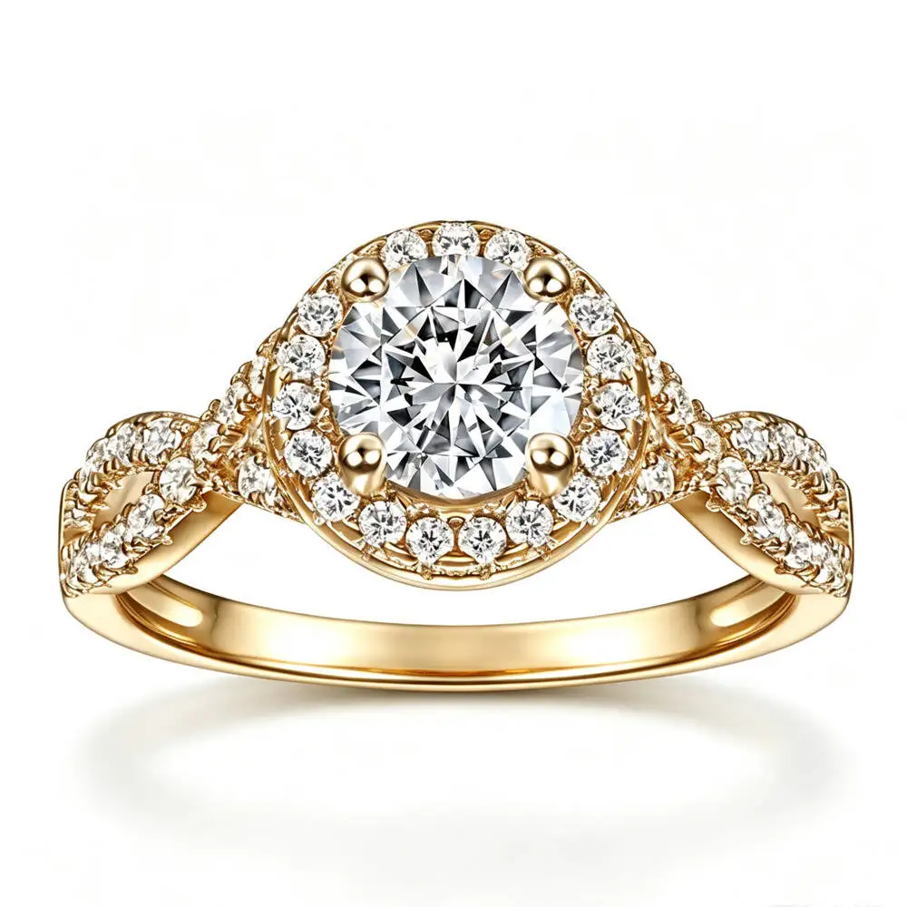 925 Sterling Silver 1CT Round Halo Twisted Split Shank Ring D VVS1 Moissanite Multi Tone Romantic Promise Fine Jewelry For Women