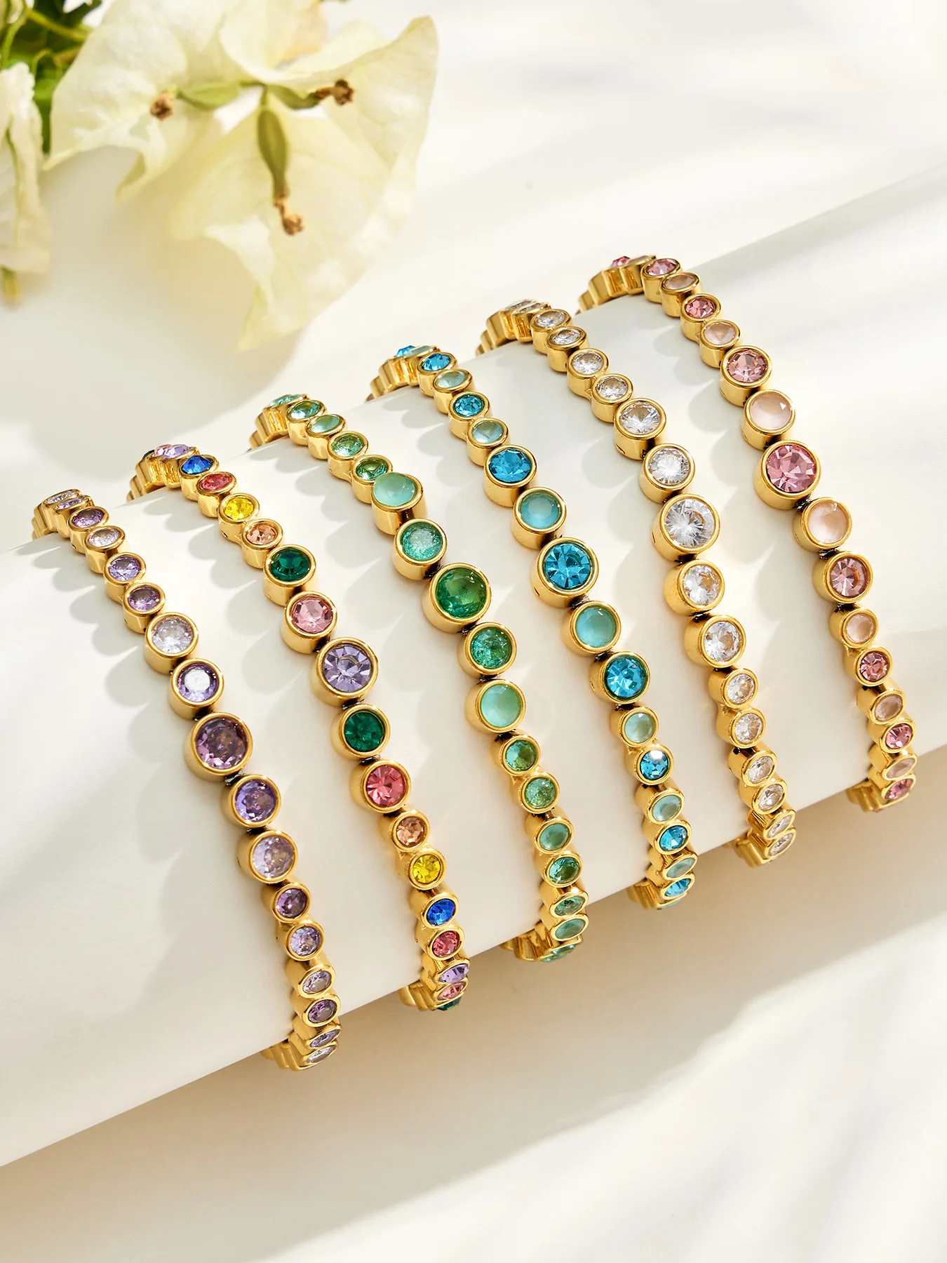 Boho Farbiger Zirkon Tennis-Schmuckset für Damen 18K Vergoldetes Edelstahl Farbverlauf Runde CZ Halskette Armband Ohrringe – Detail 18