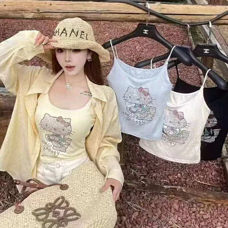 مرحبا كيتي سانريو Y2K تانك القمم المرأة بلا أكمام المحاصيل الأعلى مثير مع الماس فتاة لطيف عادية خمر الدبابات كاميس مع الصدرية هدية