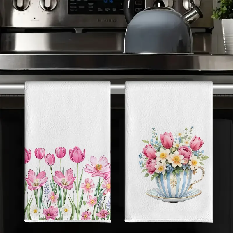 2Pcs, Tea Cup Tulip Kitchen Towels, 40Cm*60Cm Towel Set, Super Absorbent Soft Cleaning Cloth, Cooking and Baking Tea Towels, Hand Towels, Cleaning Cloths, Dishcloths, Kitchen Decoration, Living Room Decorations, Kitchen Essentials, Home Essentials
