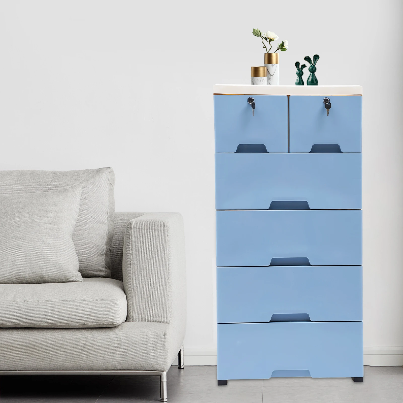 خزانة بلاستيكية زرقاء مكونة من 6 أدراج مع خزانة تخزين بعجلات وحدة تنظيم خزانة برجية للمنزل والمكتب وغرفة النوم وغرفة المعيشة