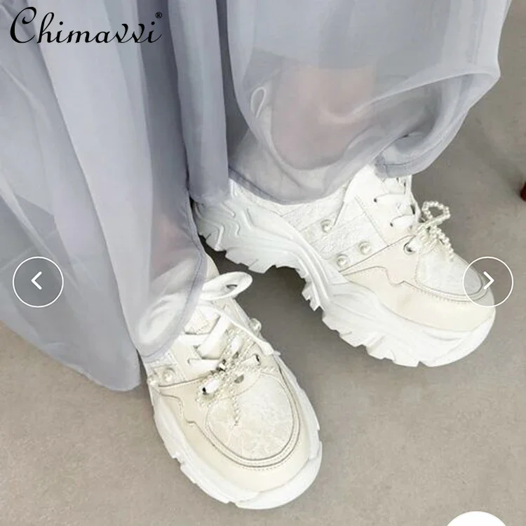 Japanese Sweet Pearl Bow Platform Sports Dad Shoes Autumn New Comfortable Girl Women Breathable Muffin Bottom Lolita Sneakers image 4