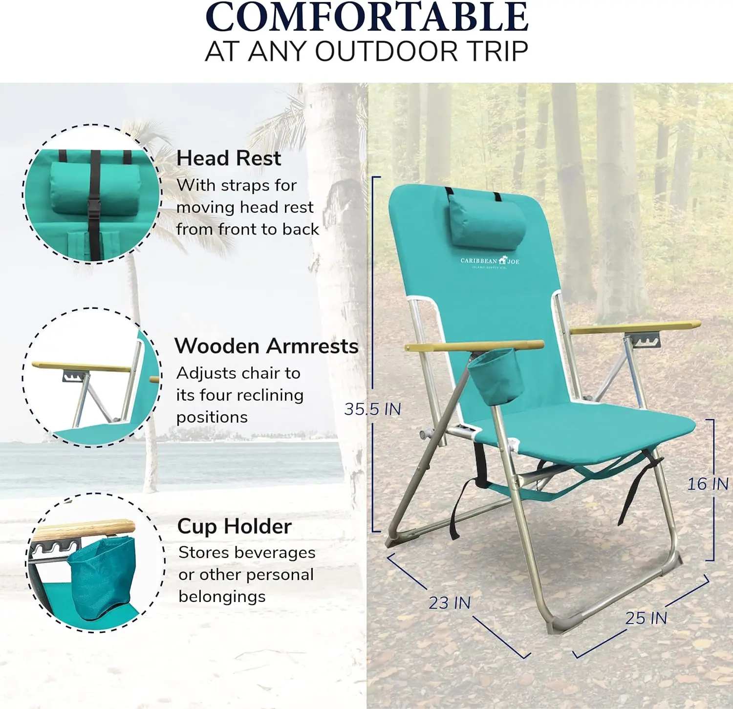 Joe Folding Beach Chair, 4 Position Portable Backpack Foldable Camping Chair with Headrest, Cup Holder, and Wooden Arm