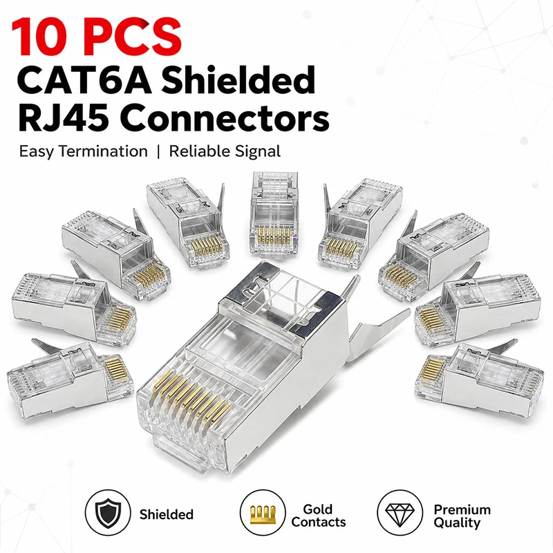 10Pcs Cat6A Shielded RJ45 Pass Through Modular Plugs 10Gbps Ethernet Connectors Gold Plated Pins for Cat6 Cat6A Network Cable