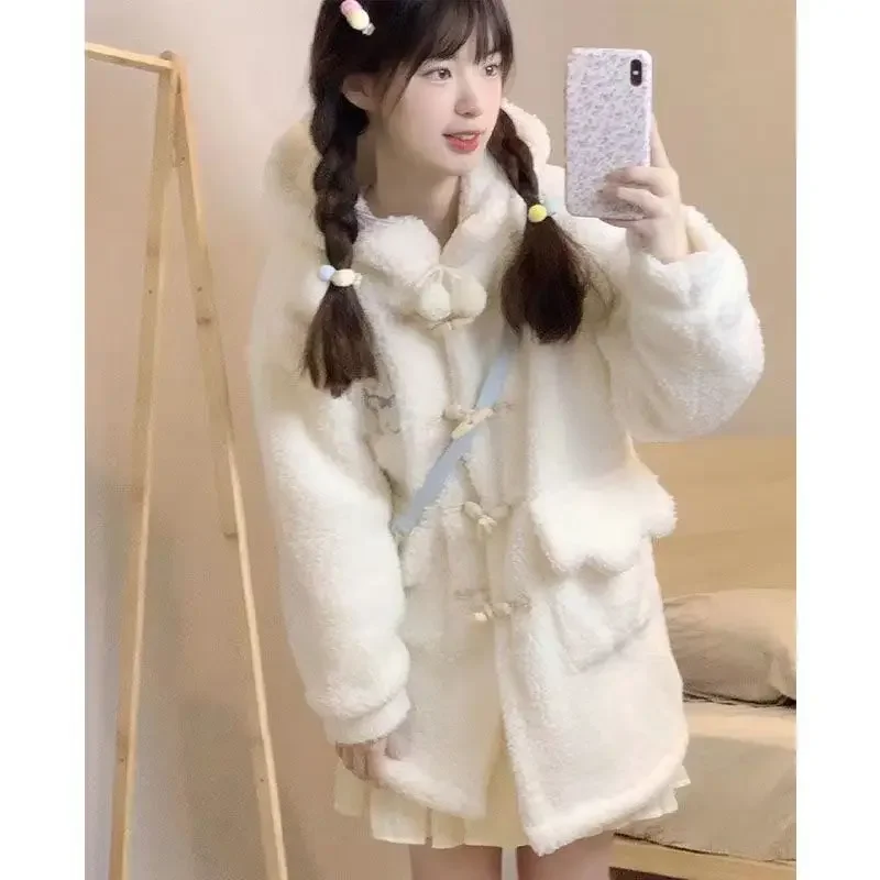MAGOGO Winter Kawaii Embroidered Bear Wool Coat Women Loose Japanese Sweet Lolita Outwear Jacket Warm Cute Hoodies Overcoat