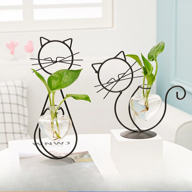 Metal Cat Flamingo Desktop Heart Glass Planter Terrarium Vase Stand Holder Indoor Hydroponic Propagated Plant Jars Garden Decor