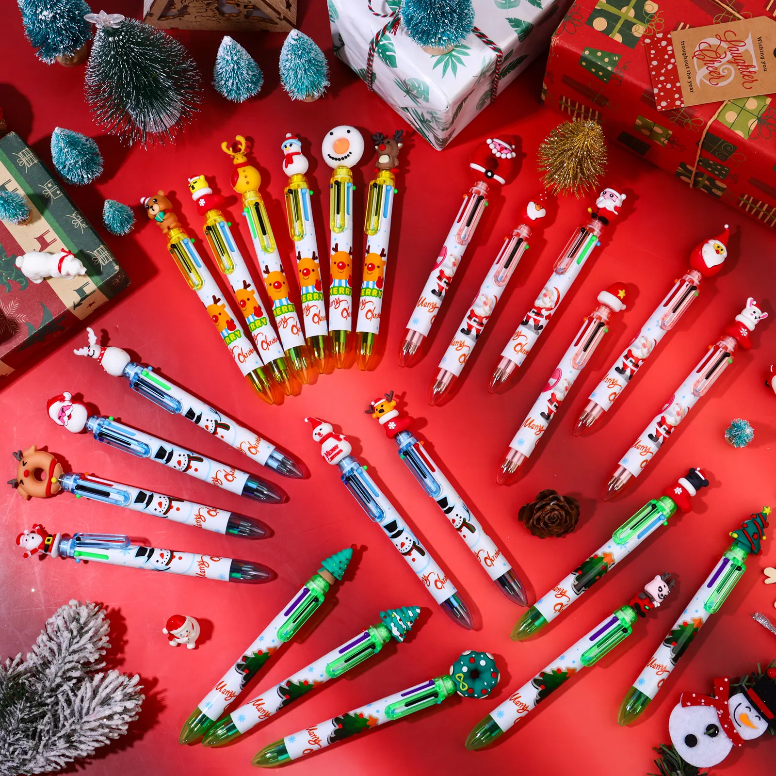 하이아베이 24개 크리스마스 6 in 1 다색 볼펜 다색 리트랙터블 펜 귀여운 만화 크리스마스 파티 선물 사무용품