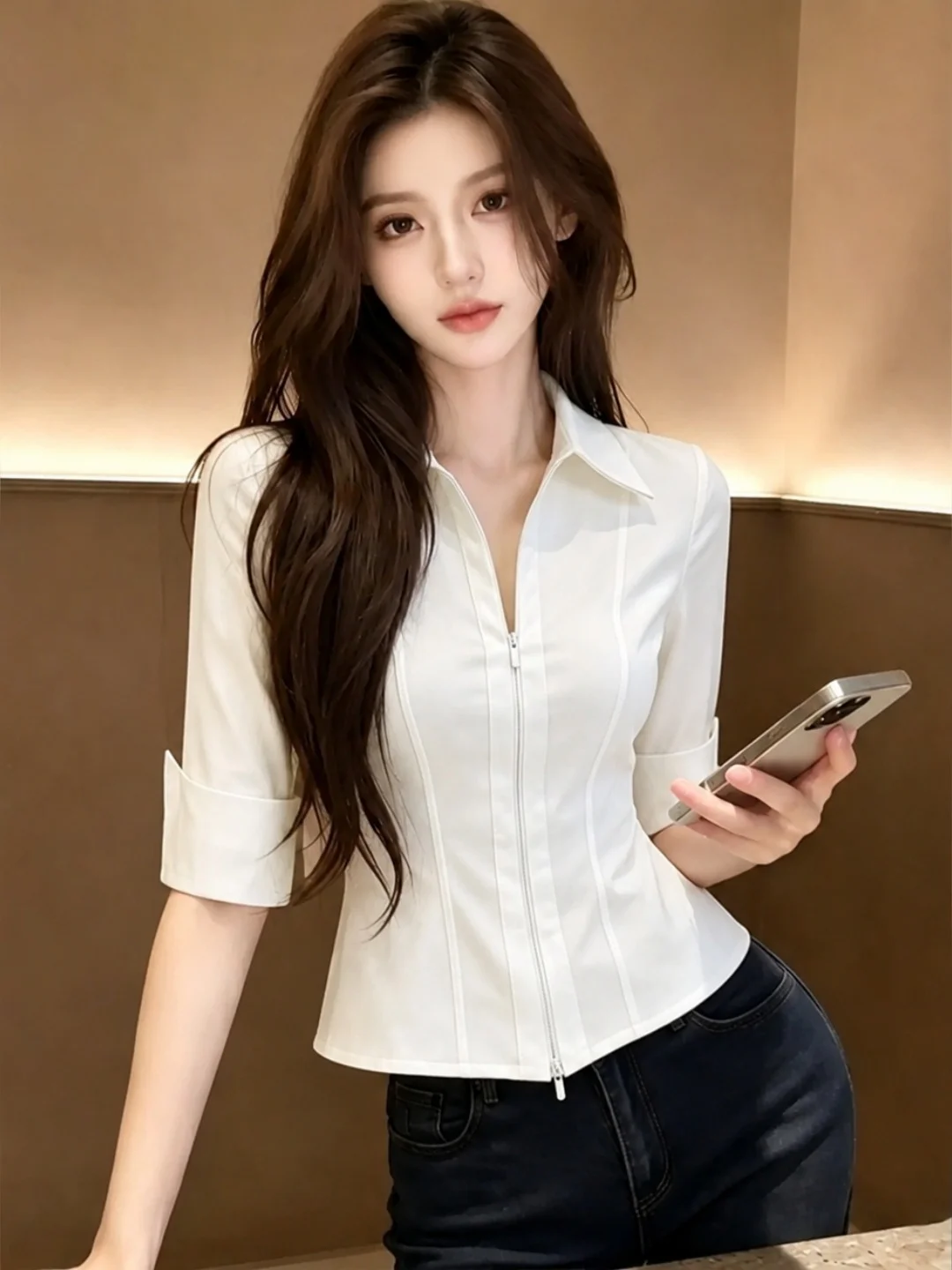 

Fashionable Commute Design Zipper Shirt Slim Fit Turn-down Collar Summer Women's Premium Feel Unique Style Five Sleeve Ladies...