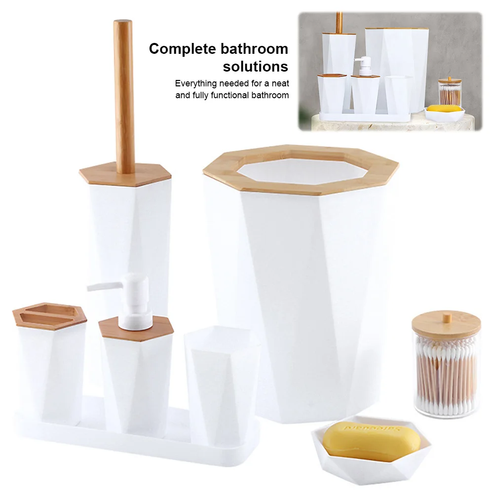 8 Pcs Bathroom Ensemble with Cup Holder Dish Dispenser Bin Brush Bathroom Supplies - Soap Dish Dispenser Trash Can Toilet Brush