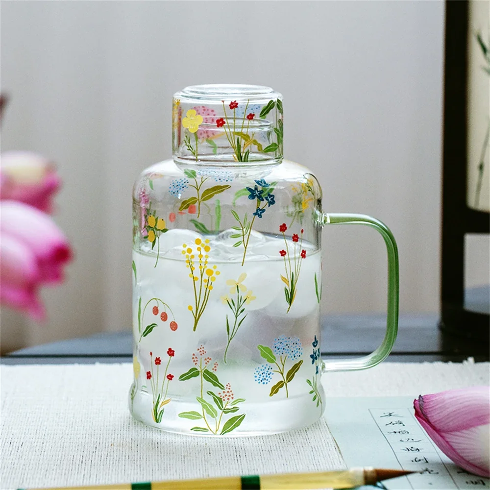 Household Glass Water Bottle Kitchen Supplies Large Capacity Water Bottle Cartoon Plants Printing With Handle Water Bottle 800ML