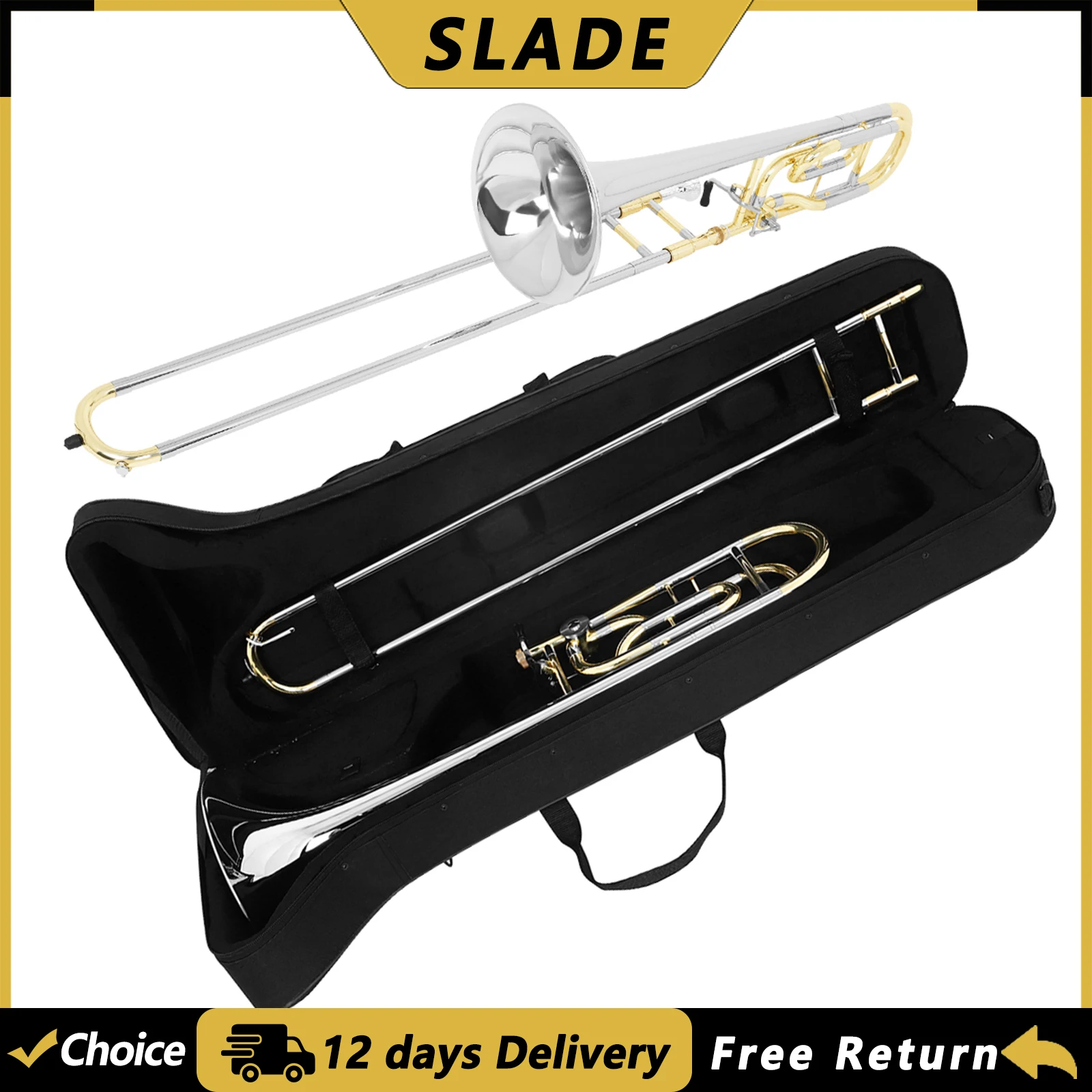 SLADE LD-T998 Bb Tenor Trombone Brass Body Trigger Trombone with Hard Case Professional Brass Musical Instrument