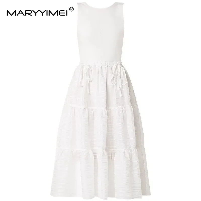 

MARYYIMEI Fashion Designer Summer Women's dress Knitting Patchwork Draw String Slim Dresses
