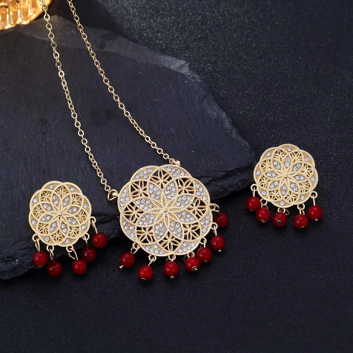 African Beads Jewelry Sets Carve Rhinestone Geometric Statement Necklace Earrings Set Classic Indian Crystal Bridal Jewelry Set