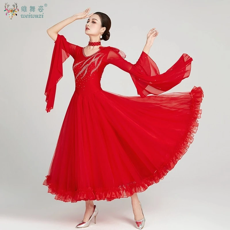 Modernes Tanzkostüm für Damen, High-End-Lotusblatt-Ärmel, Pendel, Walzer, Tango, Foxtrott, Performance, Ballsaal, Tanzwettbewerbskleid