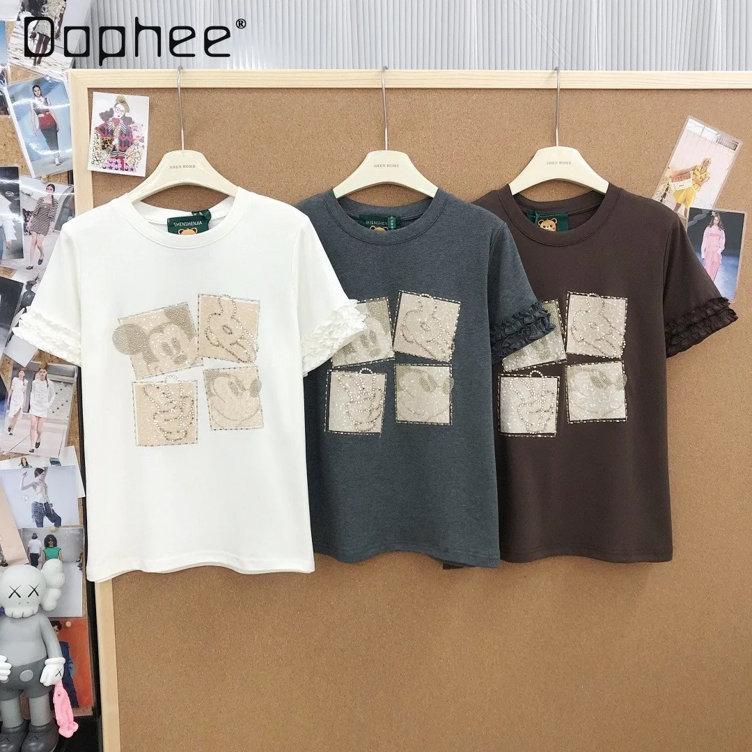 

Новая весенняя футболка с круглым вырезом и коротким рукавом, модный брендовый топ с ярким стразами, мультяшным принтом и кружевными рукавами-полурукавами