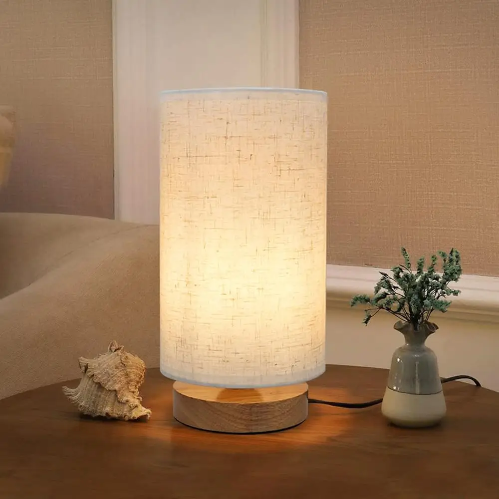 

Small Bedside Night Table Lamp For Bedroom, Minimalist Nightstand Lamp With Round Fabric Linen Shade, Study Reading Desk Lamp