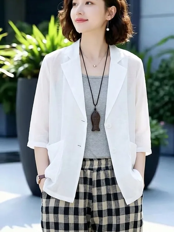 Casual Cotton Linen Short Sleeve Women's Suit Jacket Breathable Lightweight Daily Commute Fashionable Versatile Office Wear