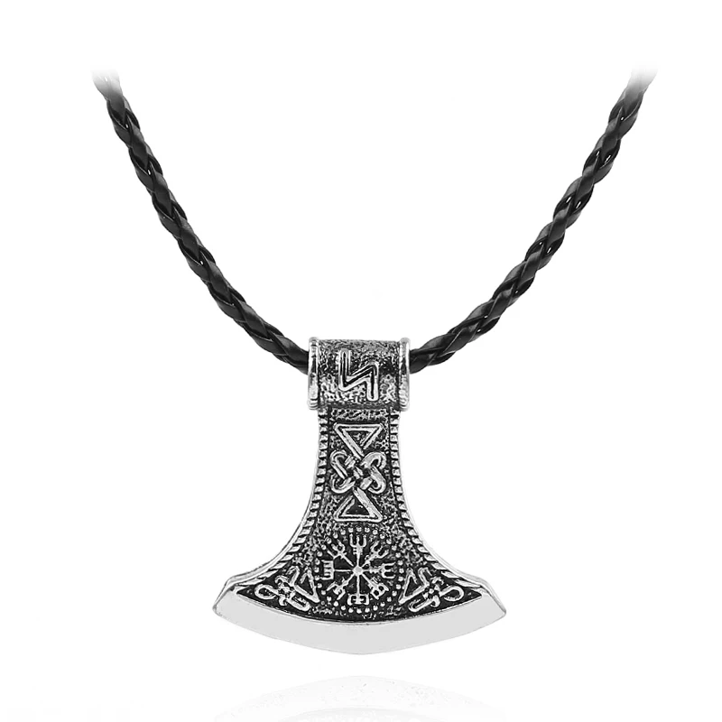 Norse Viking Scandinavian Axe Head Pendant Necklace - Odin Asgard Hammer Mjolnir Alloy Jewelry with Leather Cord