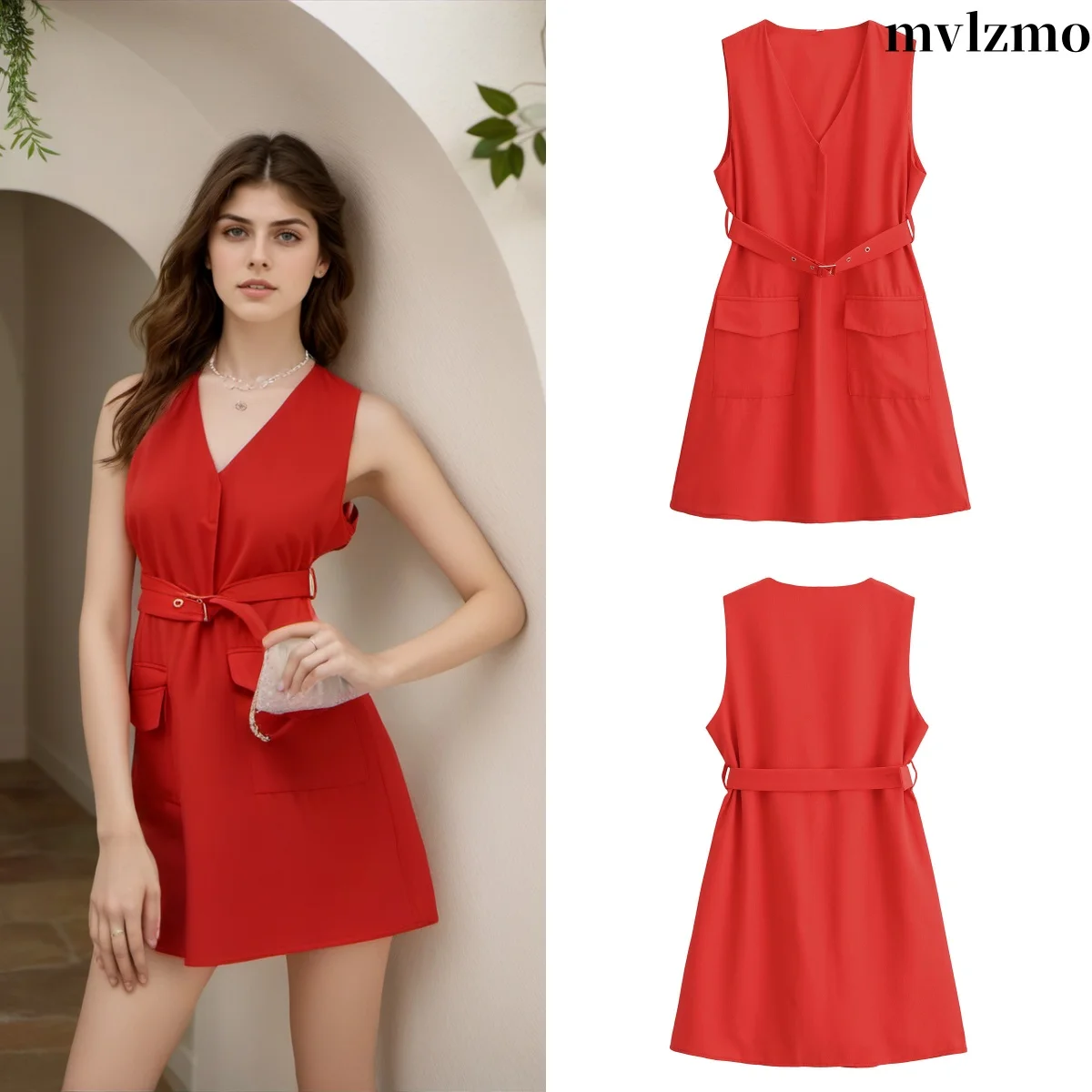 

2024 Autumn new women's assembly belt waist pockets decorated V-neck sleeveless short mini dresses