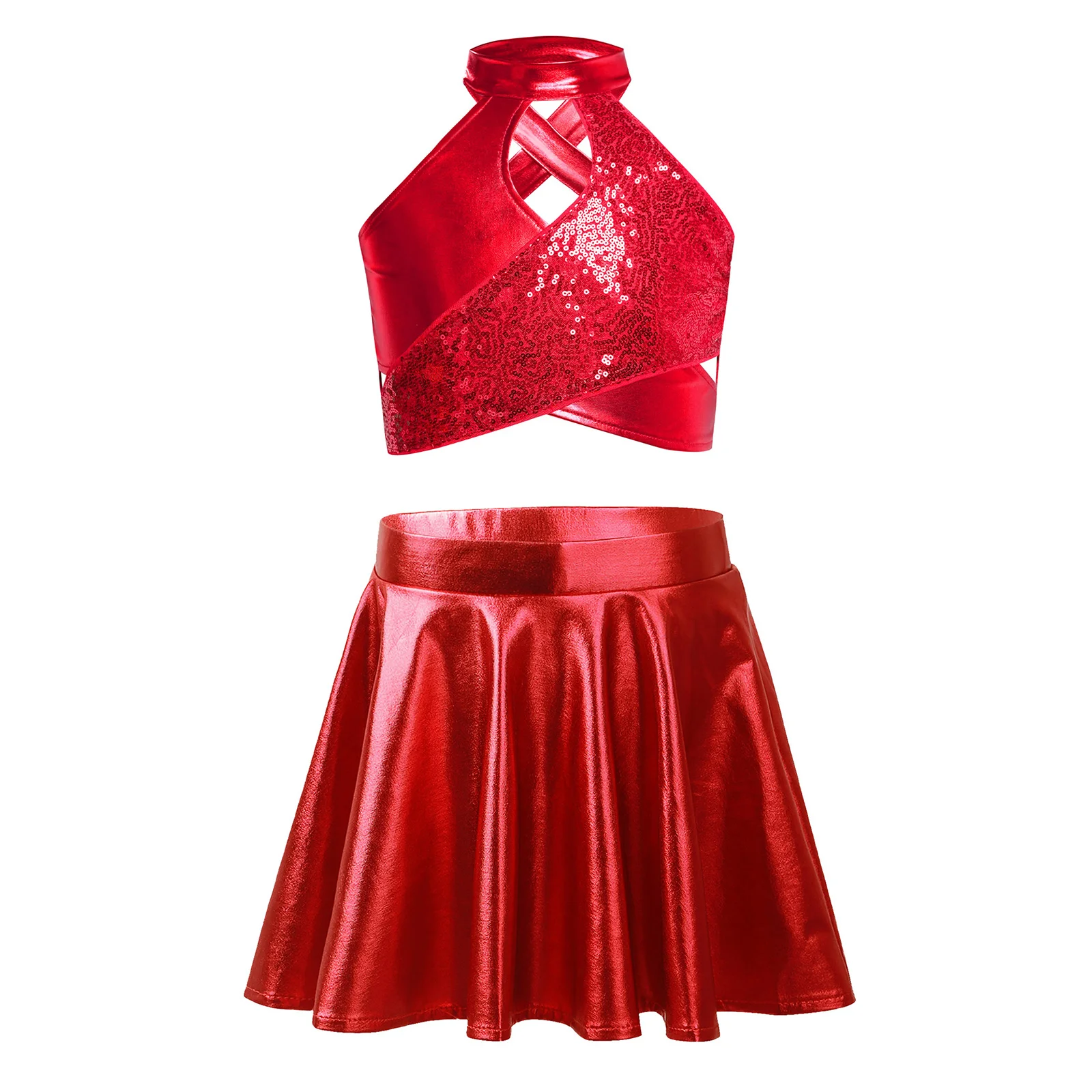 

Girls Sparkly Sequin Jazz Dance Outfit Cross Keyhole Metallic Crop Top with Shiny A-Line Skirt Cheerleading Performance Clothes
