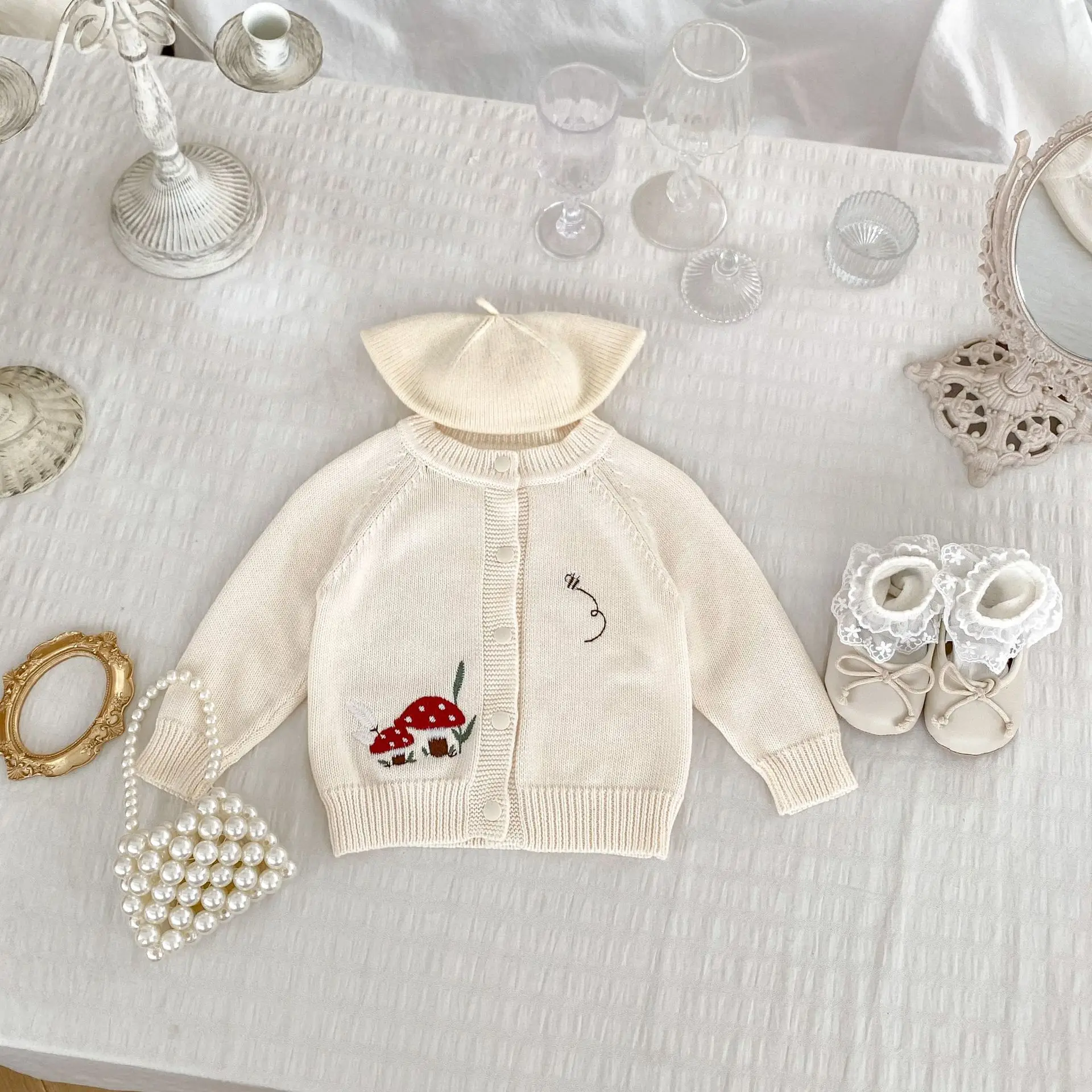 MILANCEL 2024 Autumn Baby Sweaters Infant Girls Knitted Cardigan Coat Cute Embroidery Mushroom Sweater Toddler Outwear